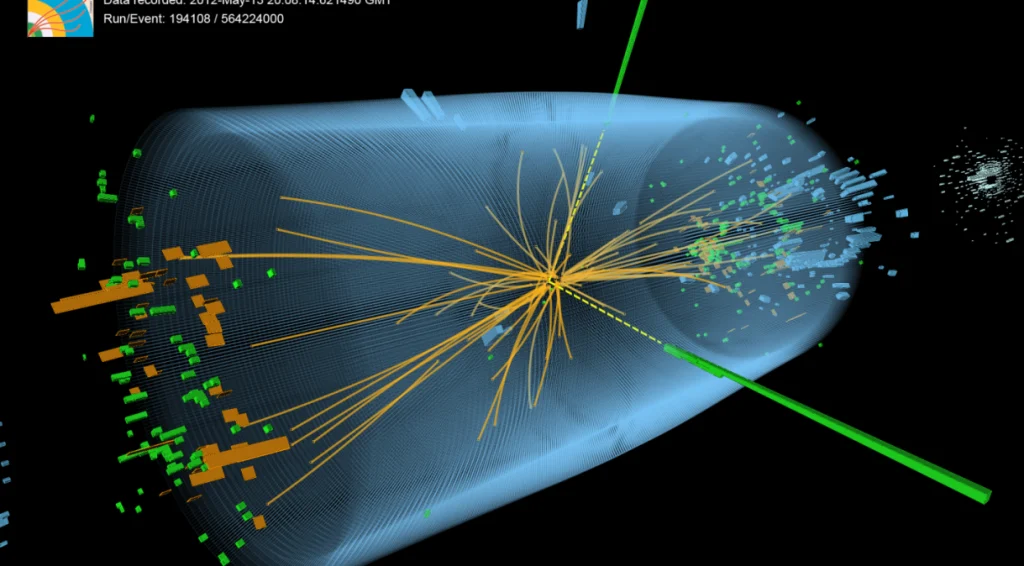 O que é a “partícula de Deus”, descoberta por Peter Higgs? - boson de higgs Evento registrado na imagem mostra caracteristicas esperado da interacao do boson de Higgs com um par de fotons linhas amarelas tracejadas e torres verdes