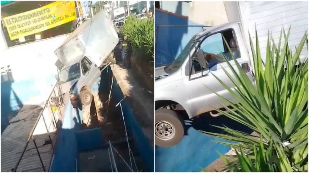 Caminhão fica pendurado em muro de creche na Grande BH