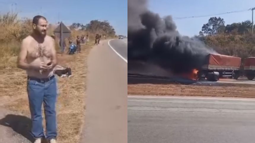 Motorista de carreta que pegou fogo é salvo por testemunha na BR-262