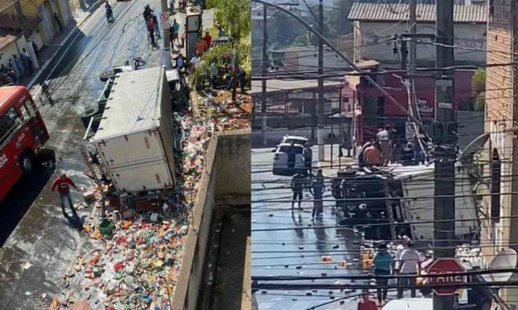 Caminhão com bebidas tomba em carro na Grande BH