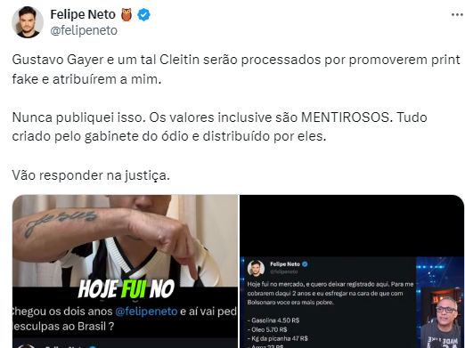 Felipe Neto diz que vai processar Cleitinho por suposto print falso