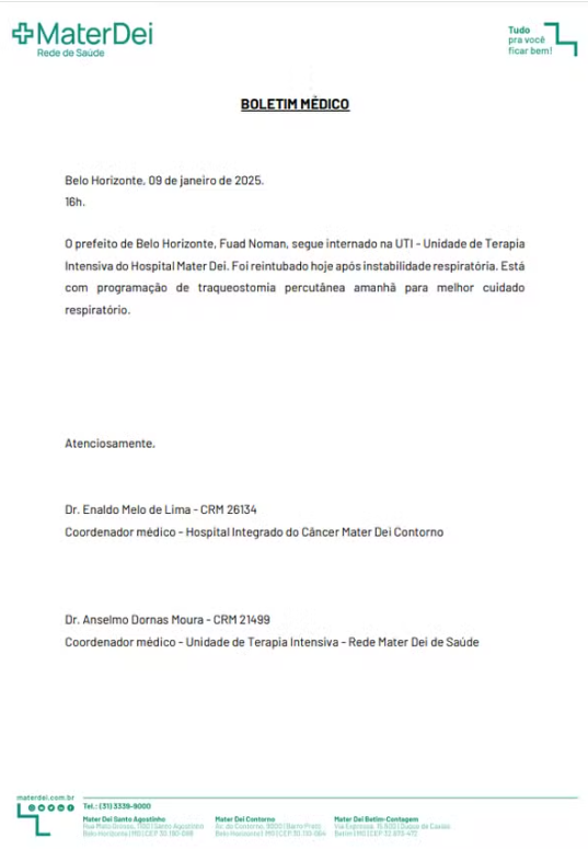 Prefeito Fuad Noman volta a ser intubado na UTI, diz boletim médico - Captura de Tela 540