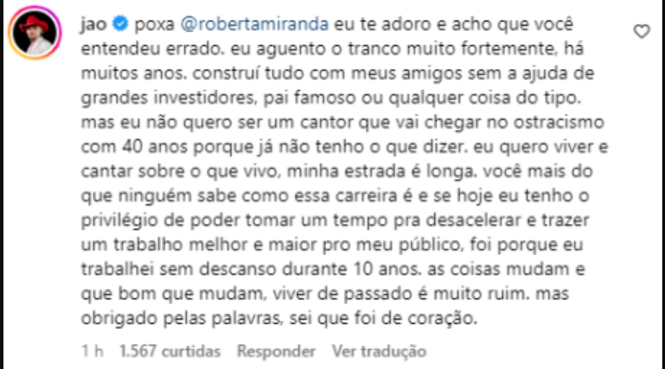 Jão e Roberta Miranda trocam farpas na internet sobre pausa na carreira; entenda - Captura de Tela 576