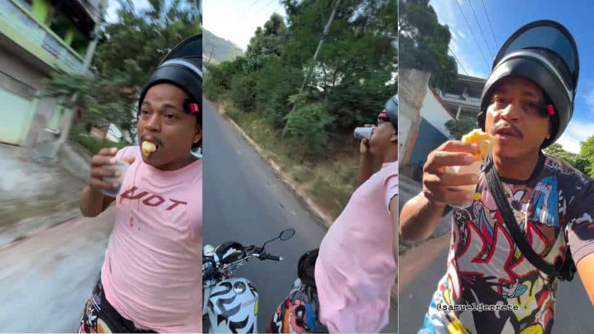 Vídeo: Motociclista viraliza ao ficar de pé na moto tomando café com pão de queijo em Minas 2 Motociclista viraliza ao ficar de pé na moto tomando café com pão de queijo em Minas