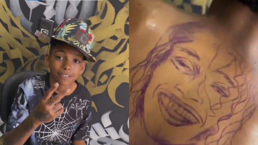 'Menor Índio', criança de BH que viralizou com tatuagens, tem Oruam desenhado nas costas 2 'Menor Índio', criança de BH que viralizou com tatuagens, tem Oruam desenhado nas costas