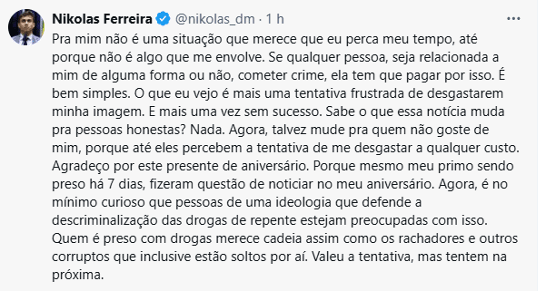 Nikolas Ferreira comenta prisão de primo por tráfico de drogas em MG 2 Nikolas Ferreira comenta prisão de primo por tráfico de drogas em MG - image