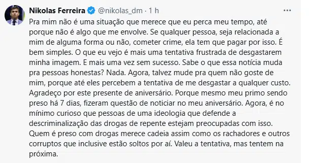Nikolas Ferreira comenta prisão de primo por tráfico de drogas em MG - image