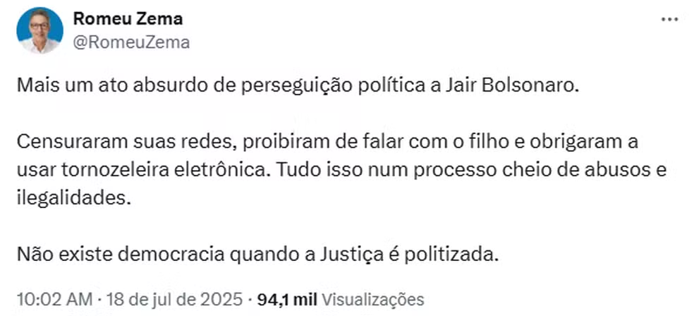 Zema e vice criticam decisão do STF contra Bolsonaro: 'Perseguição absurda'